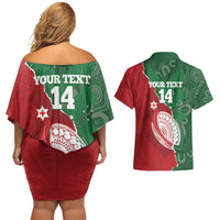 Custom Tonga And Australia Rugby Couples Matching Off Shoulder Short Dress and Hawaiian Shirt Mate Maa Tongan Ngatu Mix Kangaroos Aboriginal LT14 - Polynesian Pride