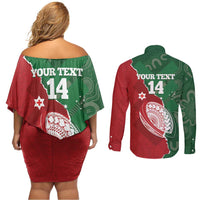Custom Tonga And Australia Rugby Couples Matching Off Shoulder Short Dress and Long Sleeve Button Shirt Mate Maa Tongan Ngatu Mix Kangaroos Aboriginal LT14 - Polynesian Pride