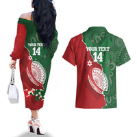 Custom Tonga And Australia Rugby Couples Matching Off The Shoulder Long Sleeve Dress and Hawaiian Shirt Mate Maa Tongan Ngatu Mix Kangaroos Aboriginal LT14 - Polynesian Pride