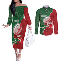 Custom Tonga And Australia Rugby Couples Matching Off The Shoulder Long Sleeve Dress and Long Sleeve Button Shirt Mate Maa Tongan Ngatu Mix Kangaroos Aboriginal LT14 Green - Polynesian Pride