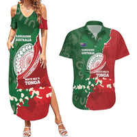 Custom Tonga And Australia Rugby Couples Matching Summer Maxi Dress and Hawaiian Shirt Mate Maa Tongan Ngatu Mix Kangaroos Aboriginal LT14 Green - Polynesian Pride