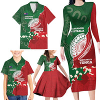 Custom Tonga And Australia Rugby Family Matching Long Sleeve Bodycon Dress and Hawaiian Shirt Mate Maa Tongan Ngatu Mix Kangaroos Aboriginal LT14 - Polynesian Pride