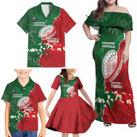 Custom Tonga And Australia Rugby Family Matching Off Shoulder Maxi Dress and Hawaiian Shirt Mate Maa Tongan Ngatu Mix Kangaroos Aboriginal LT14 - Polynesian Pride