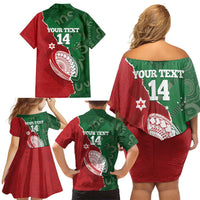Custom Tonga And Australia Rugby Family Matching Off Shoulder Short Dress and Hawaiian Shirt Mate Maa Tongan Ngatu Mix Kangaroos Aboriginal LT14 - Polynesian Pride
