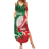 Custom Tonga And Australia Rugby Family Matching Summer Maxi Dress and Hawaiian Shirt Mate Maa Tongan Ngatu Mix Kangaroos Aboriginal LT14 Mom's Dress Green - Polynesian Pride