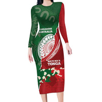 Custom Tonga And Australia Rugby Long Sleeve Bodycon Dress Mate Maa Tongan Ngatu Mix Kangaroos Aboriginal LT14 Long Dress Green - Polynesian Pride