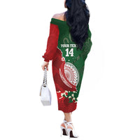 Custom Tonga And Australia Rugby Off The Shoulder Long Sleeve Dress Mate Maa Tongan Ngatu Mix Kangaroos Aboriginal LT14 - Polynesian Pride