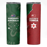 Tonga And Australia Rugby Skinny Tumbler Mate Maa Tongan Ngatu Mix Kangaroos Aboriginal LT14 Green - Polynesian Pride