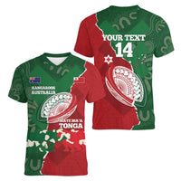 Custom Tonga And Australia Rugby Women V-Neck T-Shirt Mate Maa Tongan Ngatu Mix Kangaroos Aboriginal LT14 - Polynesian Pride