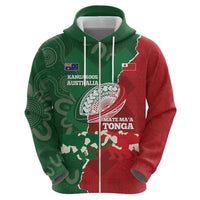 Custom Tonga And Australia Rugby Zip Hoodie Mate Maa Tongan Ngatu Mix Kangaroos Aboriginal