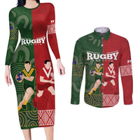 Custom Mate Maa Tonga And Kangaroo Australia Couples Matching Long Sleeve Bodycon Dress and Long Sleeve Button Shirt Tongan Kupesi Mix Aboriginal Art LT14 Green - Polynesian Pride