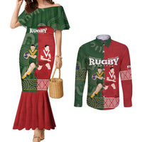 Custom Mate Maa Tonga And Kangaroo Australia Couples Matching Mermaid Dress and Long Sleeve Button Shirt Tongan Kupesi Mix Aboriginal Art LT14 Green - Polynesian Pride