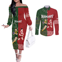 Custom Mate Maa Tonga And Kangaroo Australia Couples Matching Off The Shoulder Long Sleeve Dress and Long Sleeve Button Shirt Tongan Kupesi Mix Aboriginal Art LT14 Green - Polynesian Pride