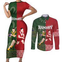 Custom Mate Maa Tonga And Kangaroo Australia Couples Matching Short Sleeve Bodycon Dress and Long Sleeve Button Shirt Tongan Kupesi Mix Aboriginal Art LT14 Green - Polynesian Pride