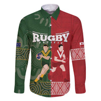 Custom Mate Maa Tonga And Kangaroo Australia Family Matching Off The Shoulder Long Sleeve Dress and Hawaiian Shirt Tongan Kupesi Mix Aboriginal Art LT14 Dad's Shirt - Long Sleeve Green - Polynesian Pride