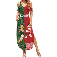 Custom Mate Maa Tonga And Kangaroo Australia Family Matching Summer Maxi Dress and Hawaiian Shirt Tongan Kupesi Mix Aboriginal Art LT14 Mom's Dress Green - Polynesian Pride