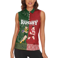 Custom Mate Maa Tonga And Kangaroo Australia Women Sleeveless Polo Shirt Tongan Kupesi Mix Aboriginal Art LT14 - Polynesian Pride