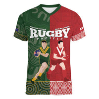 Custom Mate Maa Tonga And Kangaroo Australia Women V-Neck T-Shirt Tongan Kupesi Mix Aboriginal Art LT14 Female Green - Polynesian Pride