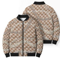 Brown Aloha Hawaii Shell Lei Bomber Puffer Jacket Palaka Hebrew Cone Honey Cowrie Elegant Curves - Polynesian Pride