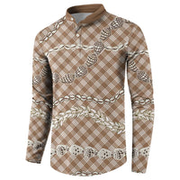 Brown Aloha Hawaii Shell Lei Button Sweatshirt Palaka Hebrew Cone Honey Cowrie Elegant Curves - Polynesian Pride