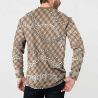 Brown Aloha Hawaii Shell Lei Button Sweatshirt Palaka Hebrew Cone Honey Cowrie Elegant Curves - Polynesian Pride