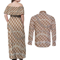 Brown Aloha Hawaii Shell Lei Couples Matching Off Shoulder Maxi Dress and Long Sleeve Button Shirt Palaka Hebrew Cone Honey Cowrie Elegant Curves LT14 - Polynesian Pride