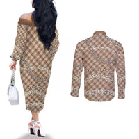 Brown Aloha Hawaii Shell Lei Couples Matching Off The Shoulder Long Sleeve Dress and Long Sleeve Button Shirt Palaka Hebrew Cone Honey Cowrie Elegant Curves LT14 - Polynesian Pride
