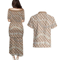 Brown Aloha Hawaii Shell Lei Couples Matching Puletasi and Hawaiian Shirt Palaka Hebrew Cone Honey Cowrie Elegant Curves LT14 - Polynesian Pride