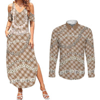 Brown Aloha Hawaii Shell Lei Couples Matching Summer Maxi Dress and Long Sleeve Button Shirt Palaka Hebrew Cone Honey Cowrie Elegant Curves LT14 Brown - Polynesian Pride