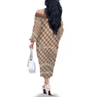 Brown Aloha Hawaii Shell Lei Family Matching Off The Shoulder Long Sleeve Dress and Hawaiian Shirt Palaka Hebrew Cone Honey Cowrie Elegant Curves LT14 - Polynesian Pride