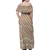 Brown Aloha Hawaii Shell Lei Family Matching Off Shoulder Maxi Dress and Hawaiian Shirt Palaka Hebrew Cone Honey Cowrie Elegant Curves LT14 - Polynesian Pride
