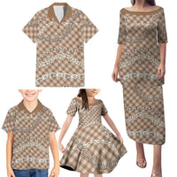Brown Aloha Hawaii Shell Lei Family Matching Puletasi and Hawaiian Shirt Palaka Hebrew Cone Honey Cowrie Elegant Curves LT14 - Polynesian Pride