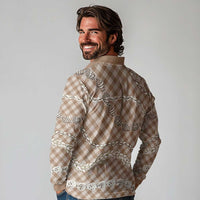 Brown Aloha Hawaii Shell Lei Long Sleeve Polo Shirt Palaka Hebrew Cone Honey Cowrie Elegant Curves - Polynesian Pride