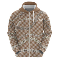 Brown Aloha Hawaii Shell Lei Zip Hoodie Palaka Hebrew Cone Honey Cowrie Elegant Curves - Polynesian Pride