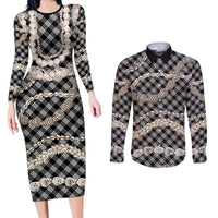 Black Aloha Hawaii Shell Lei Couples Matching Long Sleeve Bodycon Dress and Long Sleeve Button Shirt Palaka Hebrew Cone Honey Cowrie Elegant Curves LT14 Black - Polynesian Pride