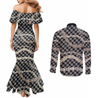 Black Aloha Hawaii Shell Lei Couples Matching Mermaid Dress and Long Sleeve Button Shirt Palaka Hebrew Cone Honey Cowrie Elegant Curves LT14 - Polynesian Pride