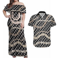 Black Aloha Hawaii Shell Lei Couples Matching Off Shoulder Maxi Dress and Hawaiian Shirt Palaka Hebrew Cone Honey Cowrie Elegant Curves LT14 Black - Polynesian Pride