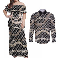 Black Aloha Hawaii Shell Lei Couples Matching Off Shoulder Maxi Dress and Long Sleeve Button Shirt Palaka Hebrew Cone Honey Cowrie Elegant Curves LT14 Black - Polynesian Pride