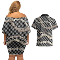 Black Aloha Hawaii Shell Lei Couples Matching Off Shoulder Short Dress and Hawaiian Shirt Palaka Hebrew Cone Honey Cowrie Elegant Curves LT14 - Polynesian Pride