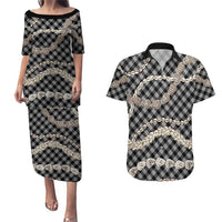 Black Aloha Hawaii Shell Lei Couples Matching Puletasi and Hawaiian Shirt Palaka Hebrew Cone Honey Cowrie Elegant Curves LT14 Black - Polynesian Pride