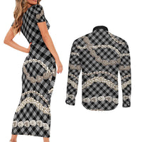 Black Aloha Hawaii Shell Lei Couples Matching Short Sleeve Bodycon Dress and Long Sleeve Button Shirt Palaka Hebrew Cone Honey Cowrie Elegant Curves LT14 - Polynesian Pride