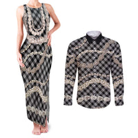 Black Aloha Hawaii Shell Lei Couples Matching Tank Maxi Dress and Long Sleeve Button Shirt Palaka Hebrew Cone Honey Cowrie Elegant Curves LT14 Black - Polynesian Pride