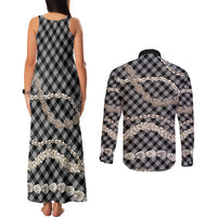 Black Aloha Hawaii Shell Lei Couples Matching Tank Maxi Dress and Long Sleeve Button Shirt Palaka Hebrew Cone Honey Cowrie Elegant Curves LT14 - Polynesian Pride