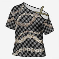 Black Aloha Hawaii Shell Lei Cross Shoulder Shirt Palaka Hebrew Cone Honey Cowrie Elegant Curves - Polynesian Pride