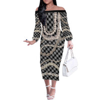Black Aloha Hawaii Shell Lei Family Matching Off The Shoulder Long Sleeve Dress and Hawaiian Shirt Palaka Hebrew Cone Honey Cowrie Elegant Curves LT14 Mom's Dress Black - Polynesian Pride