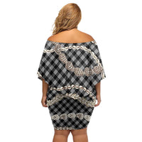 Black Aloha Hawaii Shell Lei Off Shoulder Short Dress Palaka Hebrew Cone Honey Cowrie Elegant Curves - Polynesian Pride