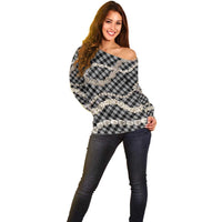 Black Aloha Hawaii Shell Lei Off Shoulder Sweater Palaka Hebrew Cone Honey Cowrie Elegant Curves - Polynesian Pride