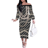Black Aloha Hawaii Shell Lei Off The Shoulder Long Sleeve Dress Palaka Hebrew Cone Honey Cowrie Elegant Curves - Polynesian Pride