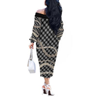 Black Aloha Hawaii Shell Lei Off The Shoulder Long Sleeve Dress Palaka Hebrew Cone Honey Cowrie Elegant Curves - Polynesian Pride