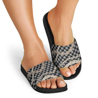Black Aloha Hawaii Shell Lei Slide Sandals Palaka Hebrew Cone Honey Cowrie Elegant Curves - Polynesian Pride